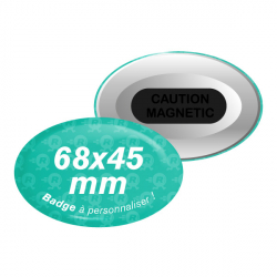badges ovales personnalisés 68mm x 45mm avec attache aimantée double