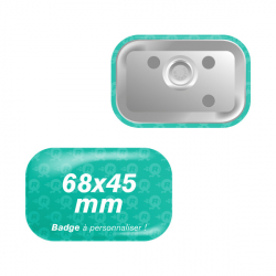fabrication de badges rectangles personnalisés 68x45mm avec des coins arrondis et attache aimantée ronde