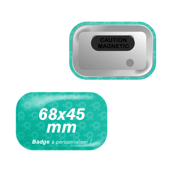 Fabrication de Badges Rectangulaires Personnalisés 68x45mm avec des coins arrondis et attache aimantée